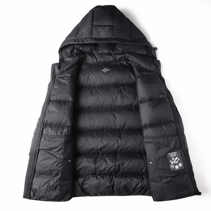 Warm men's down jacket with hood