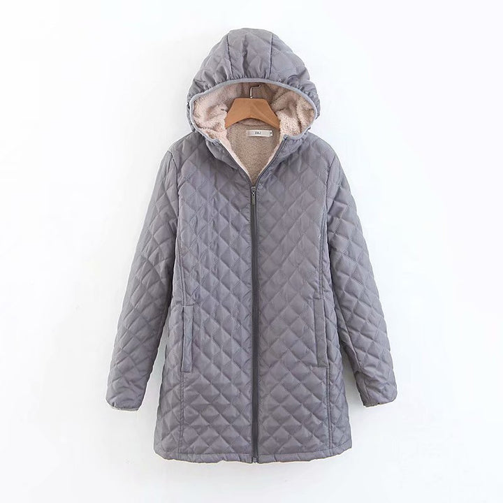 Women's quilted coat with hood and lambskin look