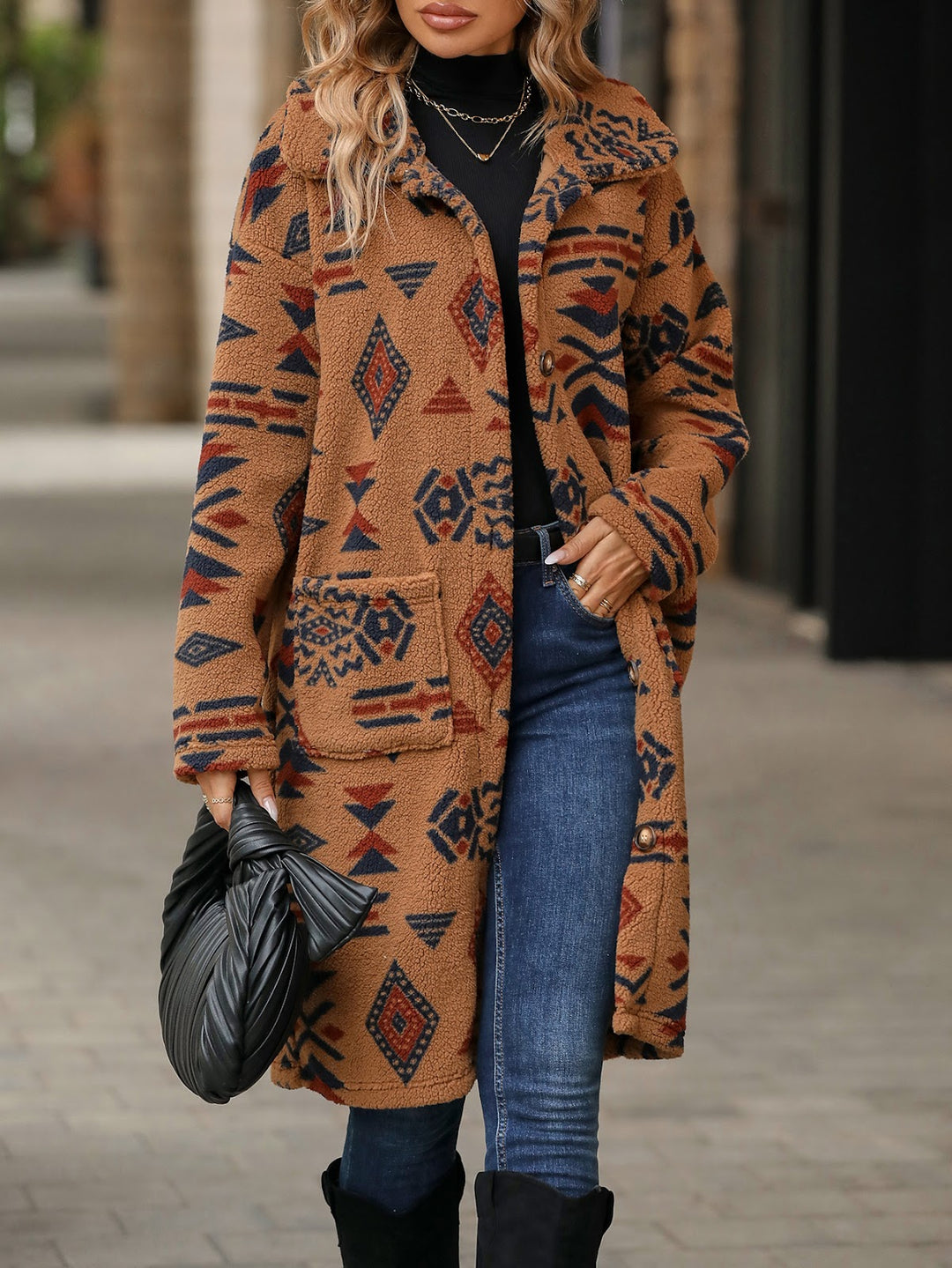 Women's coat with ethnic print, long, buttoned