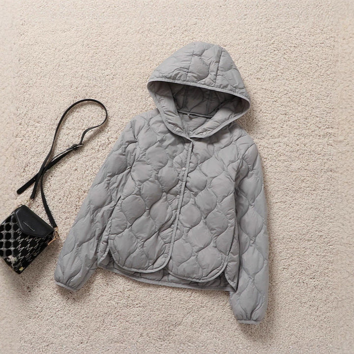 Light women's down jacket, short, with hood