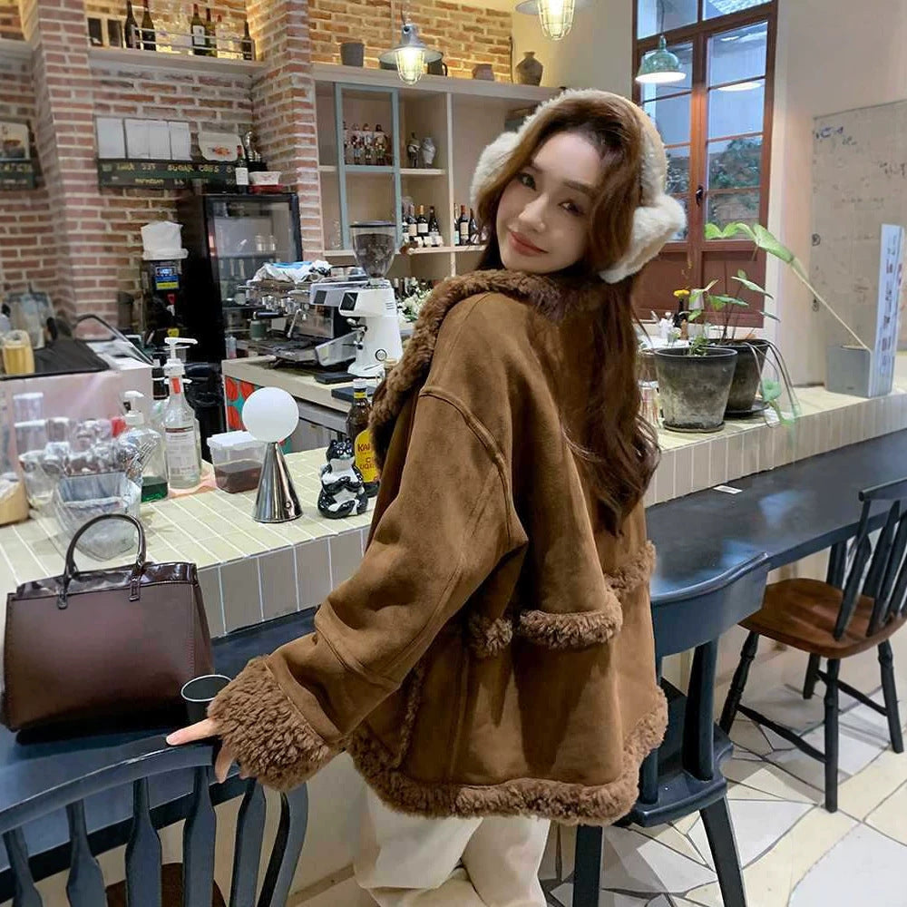Ladies' coat, lambskin look, suede finish, mid-length