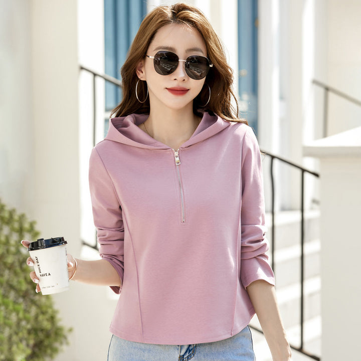 Women's hooded sweatshirt with zipper and stand-up collar