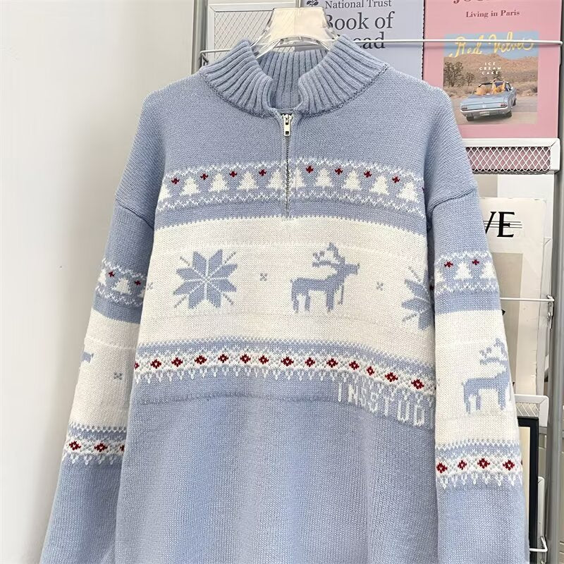 Knitted sweater with half zipper