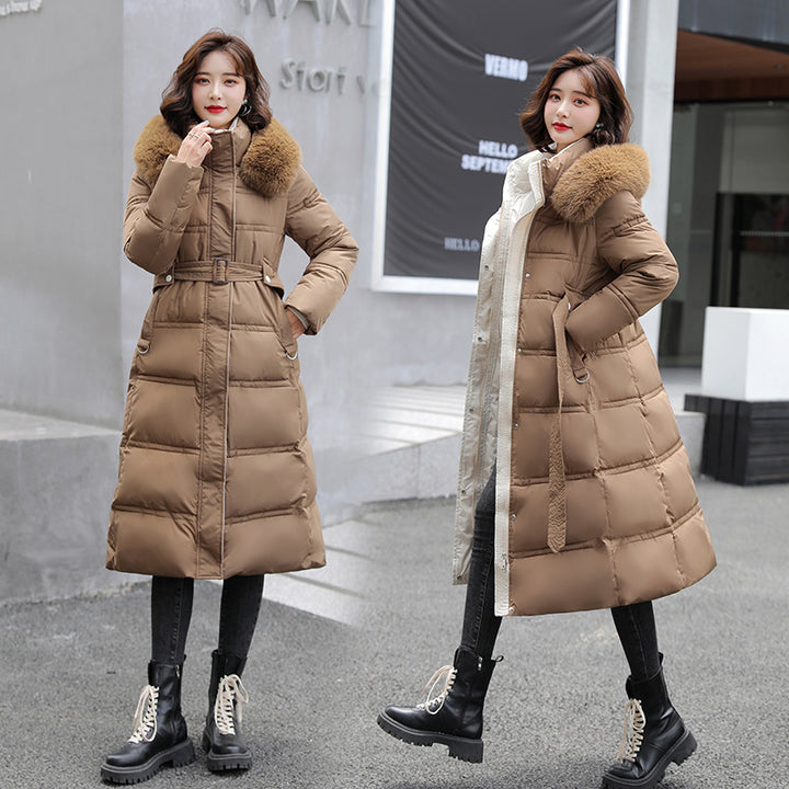 Long women's winter coat, tailored, with belt and fur collar