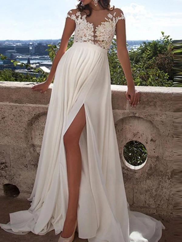Mune Fashion Maternity Evening Bridal Dresses, Lace Dresses, Side Slit, Backless, V-Neck, White