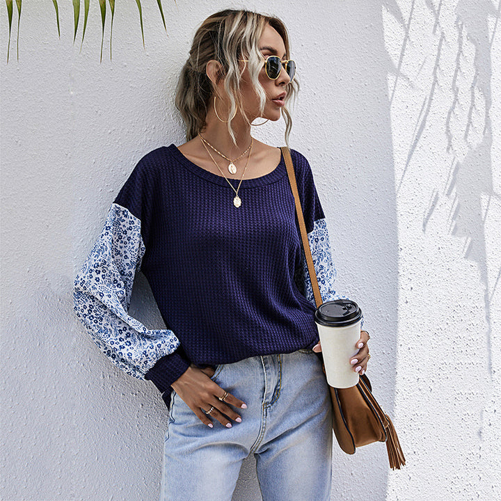 Women's Lightweight Waffle Knit Sweater with Floral Patterned Balloon Sleeves Mune Fashion