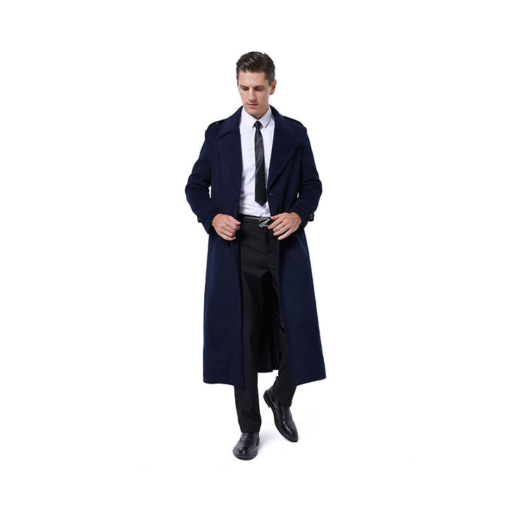 Men's maxi length coat made of wool blend with tie belt, epaulettes and classic lapels Mune Fashion