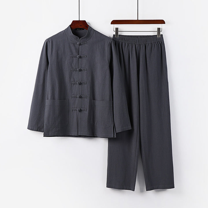 Men's Loose Hanfu-Inspired Casual Set with Stand Collar and Knot Closures Mune Fashion