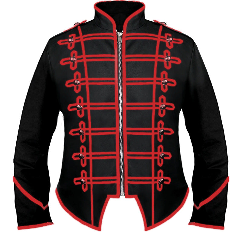 Men's nan hussar uniform jacket in parade style with stand-up collar, decorative cords, and concealed zipper.