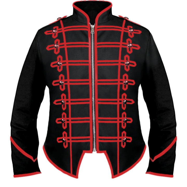 Men's nan hussar uniform jacket in parade style with stand-up collar, decorative cords, and concealed zipper.