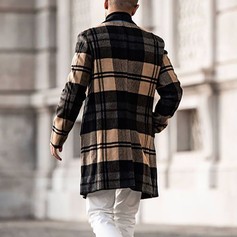 Men's Long Checkered Wool Blend Coat with Notch Collar and Slim Silhouette Mune Fashion