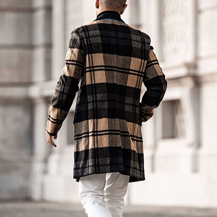 Men's Long Checkered Wool Blend Coat with Notch Collar and Slim Silhouette Mune Fashion
