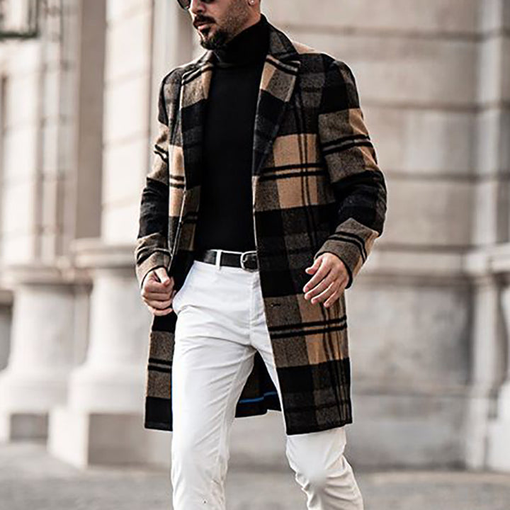 Men's Long Checkered Wool Blend Coat with Notch Collar and Slim Silhouette Mune Fashion