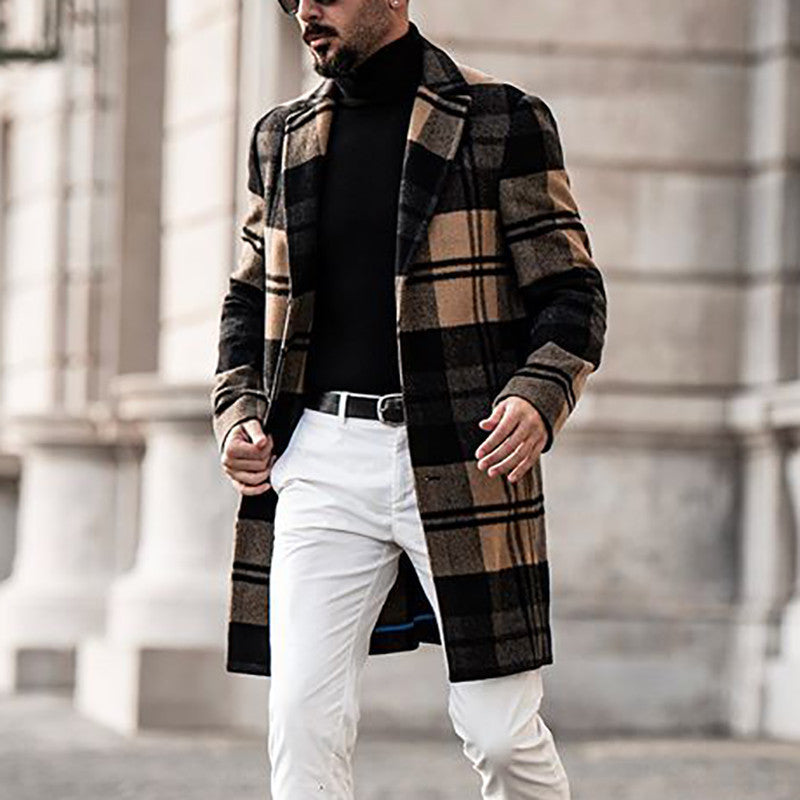 Men's Long Checkered Wool Blend Coat with Notch Collar and Slim Silhouette Mune Fashion
