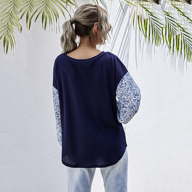 Women's Lightweight Waffle Knit Sweater with Floral Patterned Balloon Sleeves Mune Fashion