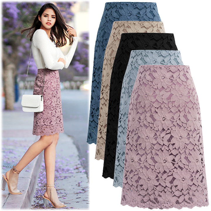 Ladies knee-length A-line lace skirt with floral appliqué lace, high waist and wavy hem Mune Fashion