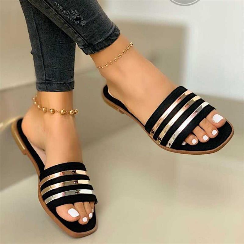 Women’s flatted strap sandal with multi-row metal strips and padded comfort insole Mune Fashion