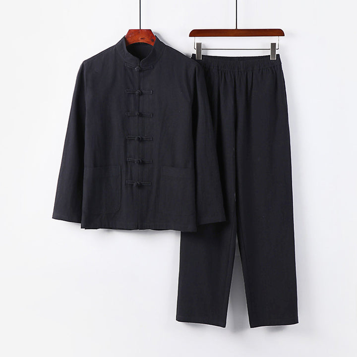 Men's Loose Hanfu-Inspired Casual Set with Stand Collar and Knot Closures Mune Fashion