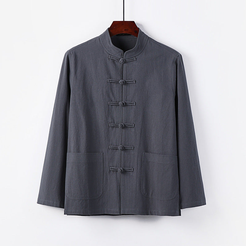 Men's traditional Tang jacket with stand-up collar and knot buttons made of linen blend Mune Fashion