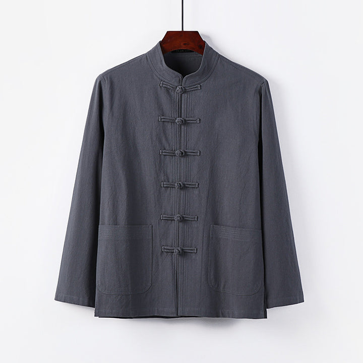 Men's traditional Tang jacket with stand-up collar and knot buttons made of linen blend Mune Fashion