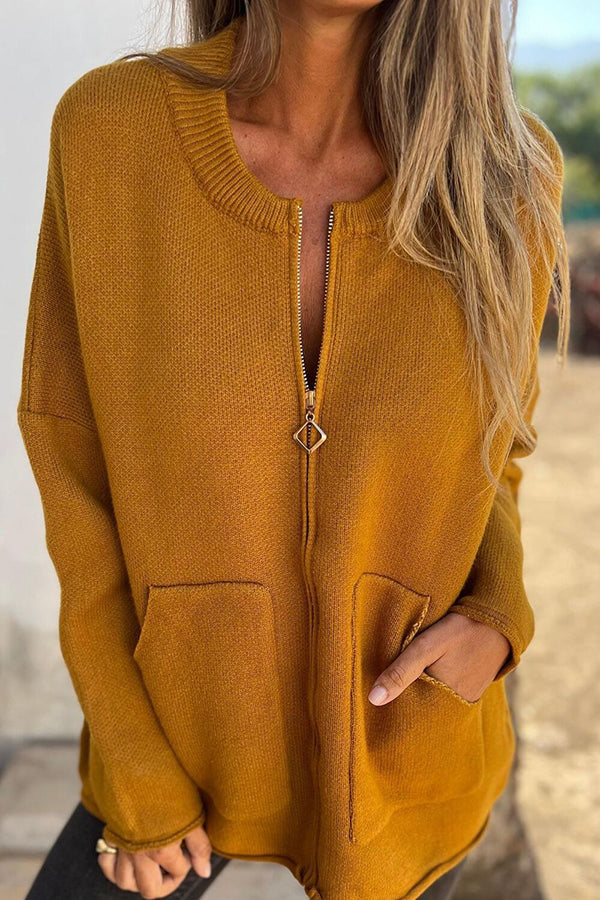 Mune | Color Crew Neck Long Sleeve Casual Zipper Pocket Cardigan