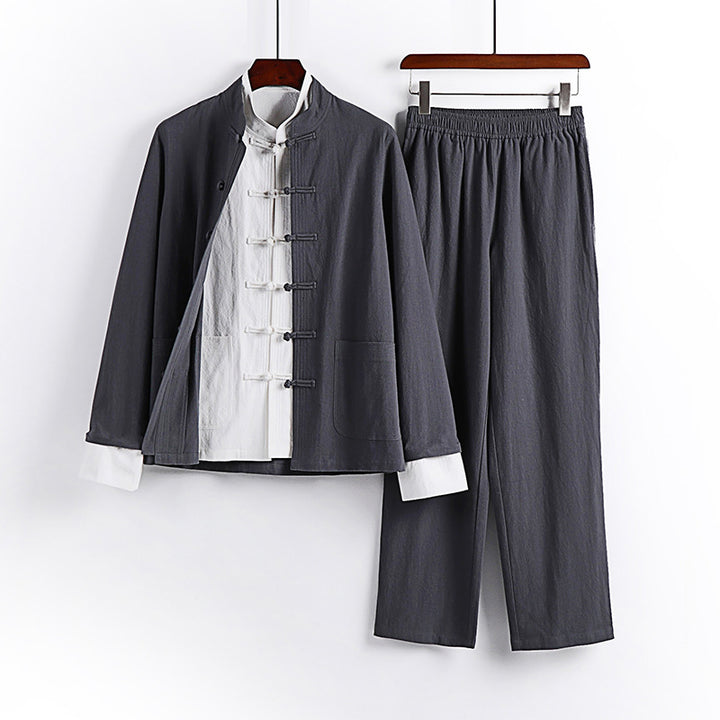 Men's Minimalist Mandarin Two-Piece Linen Blend with Decorative Knot Placket Mune Fashion