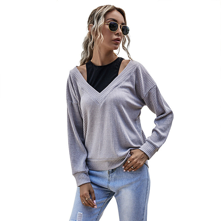 Women's Ribbed V-Neck Sweater in Layered Look with Cut-Out Shoulder & Oversized Fit Mune Fashion