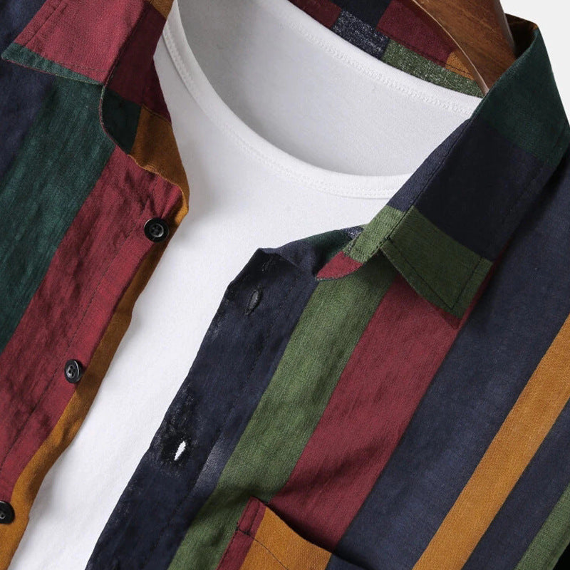 Men's casual linen shirt with vertical block stripes and a breast pocket Mune Fashion