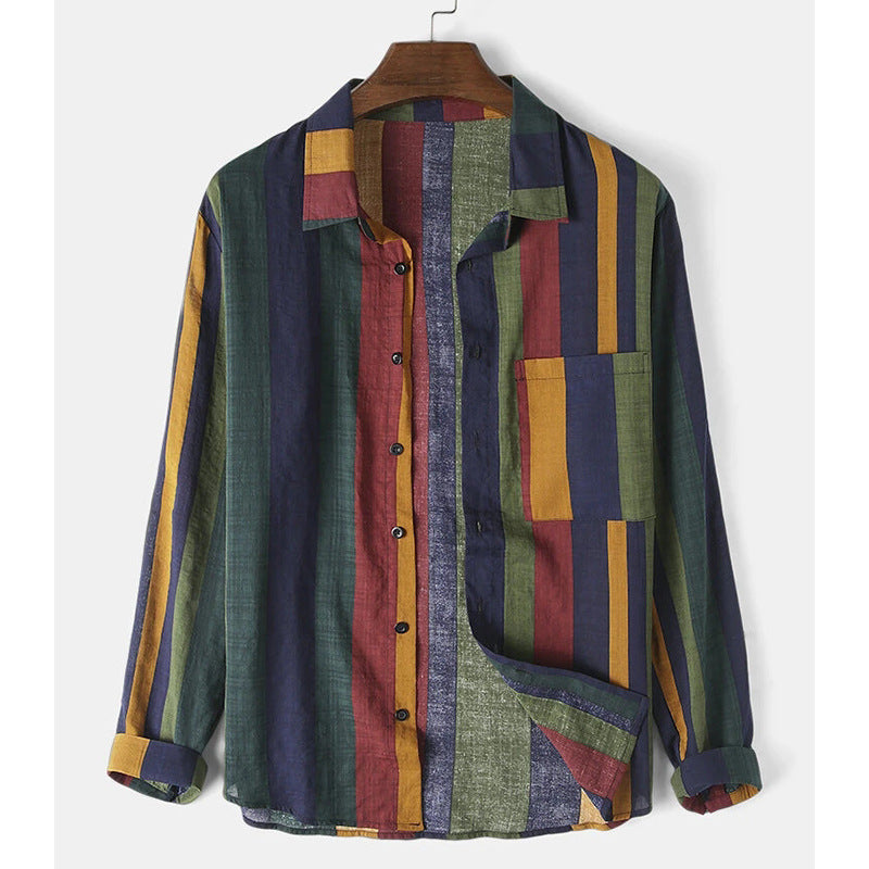 Men's casual linen shirt with vertical block stripes and a breast pocket Mune Fashion