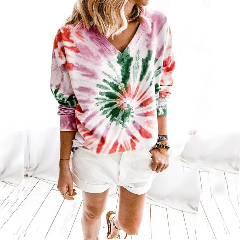 Ladies Casual Tie-Dye V-Neck Sweater with Loose Fit Drune