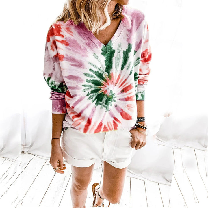 Ladies Casual Tie-Dye V-Neck Sweater with Loose Fit Drune