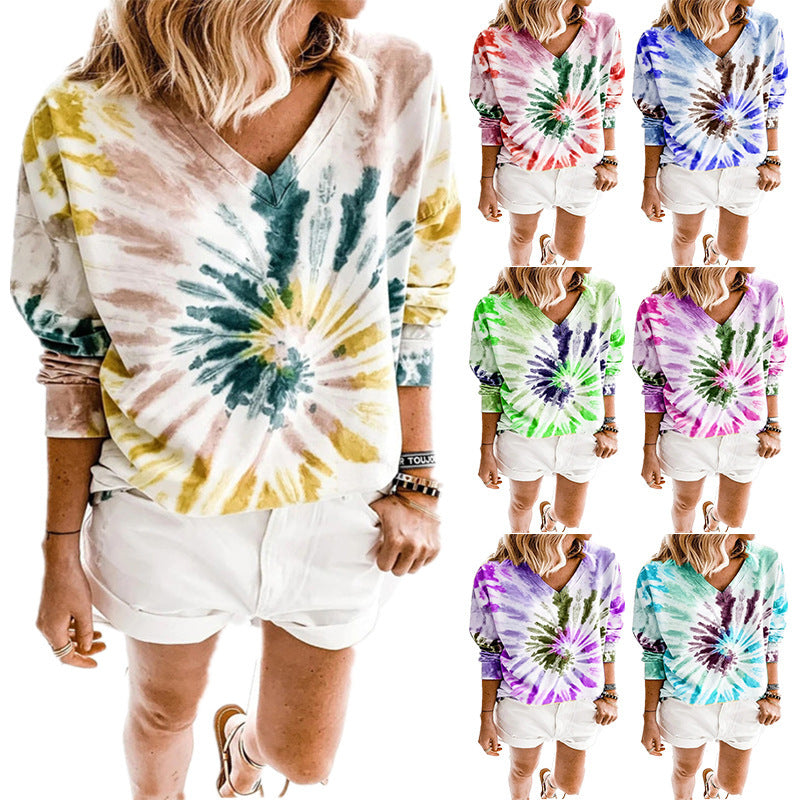 Ladies Casual Tie-Dye V-Neck Sweater with Loose Fit Drune