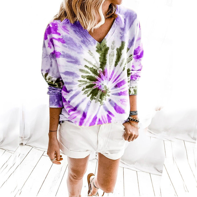 Ladies Casual Tie-Dye V-Neck Sweater with Loose Fit Drune