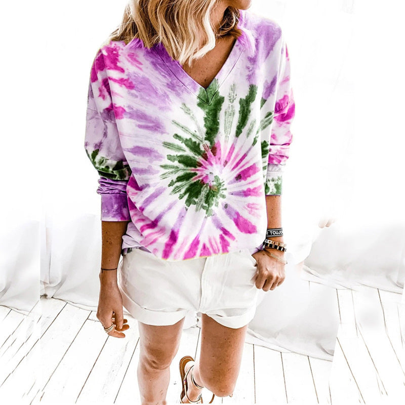 Ladies Casual Tie-Dye V-Neck Sweater with Loose Fit Drune