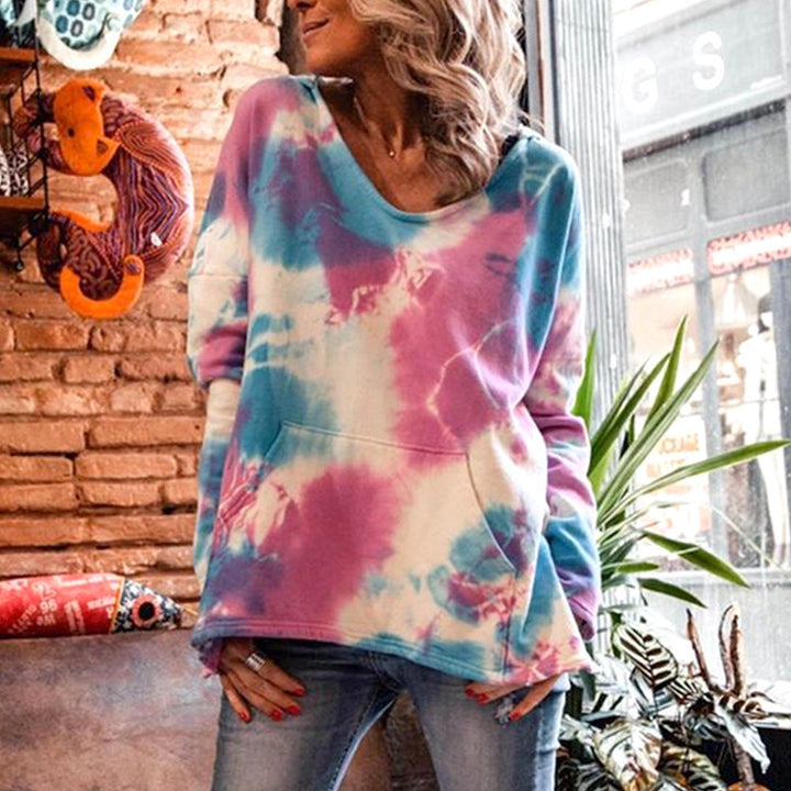 Women Oversize Batik Sweater with V-Neck and Kangaroo Pocket Mune Fashion