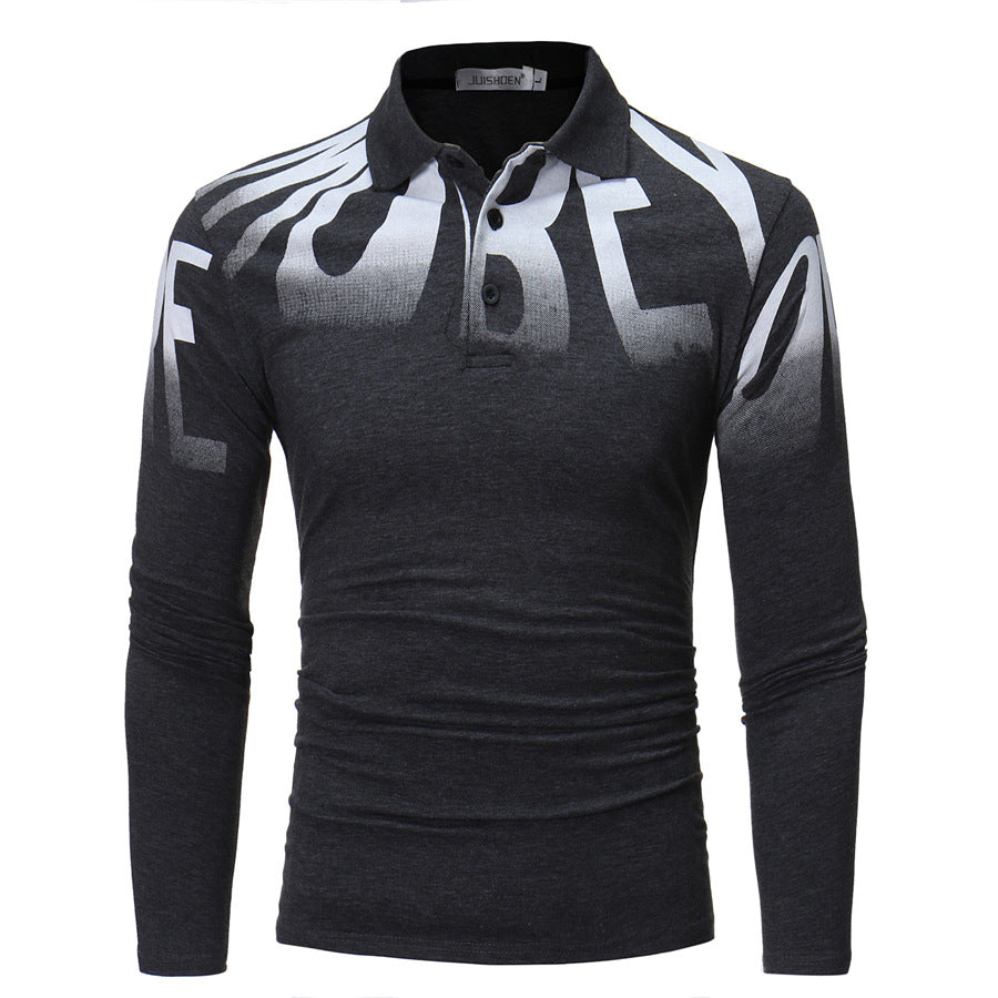 Men's Slim-Fit Long Sleeve Polo Shirt with large typographic print, stretch comfort, and tailored silhouette Mune Fashion