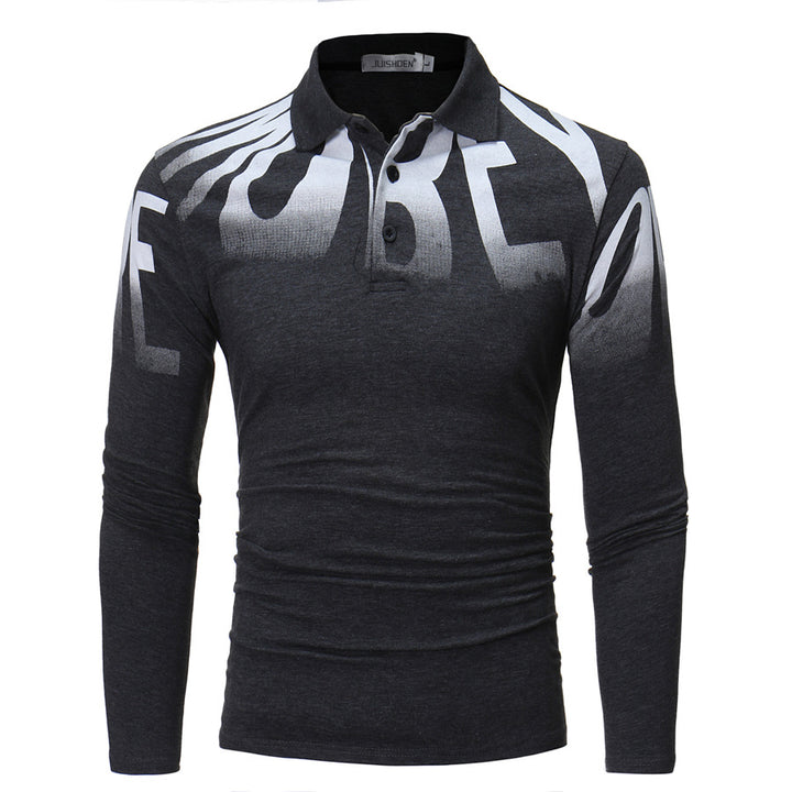 Men's Slim-Fit Long Sleeve Polo Shirt with large typographic print, stretch comfort, and tailored silhouette Mune Fashion