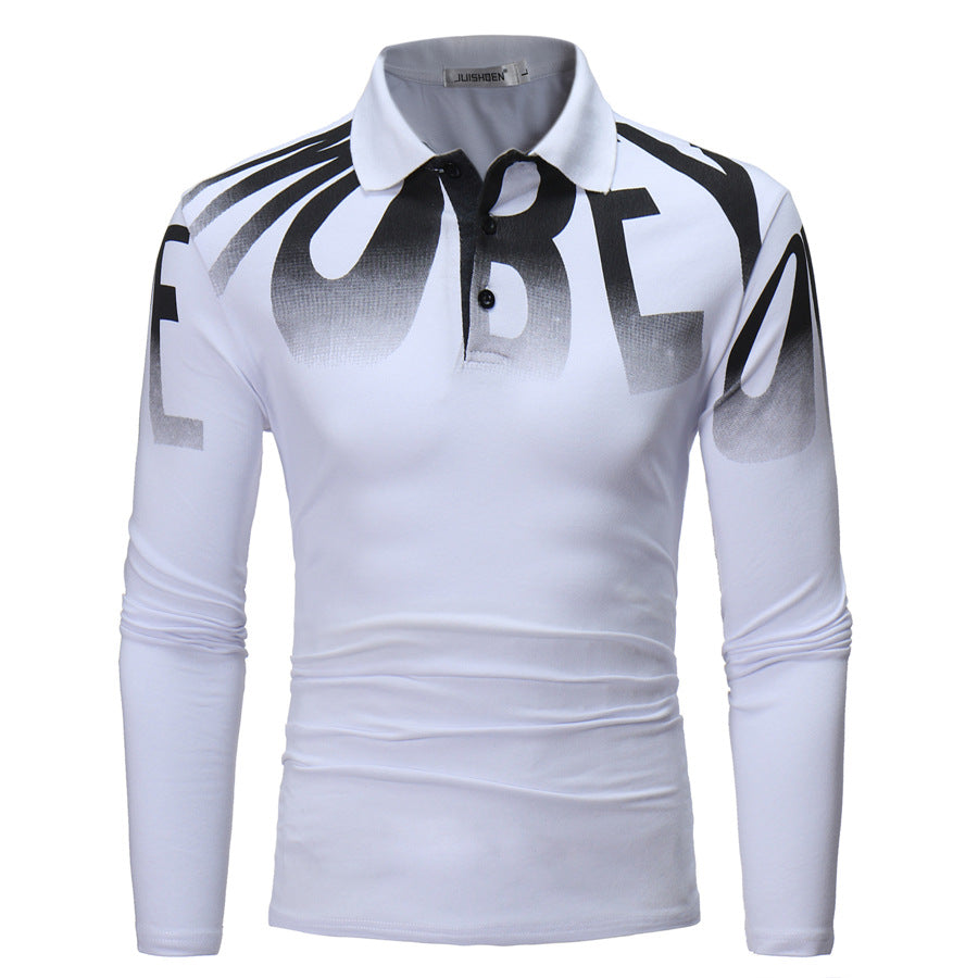 Men's Slim-Fit Long Sleeve Polo Shirt with large typographic print, stretch comfort, and tailored silhouette Mune Fashion