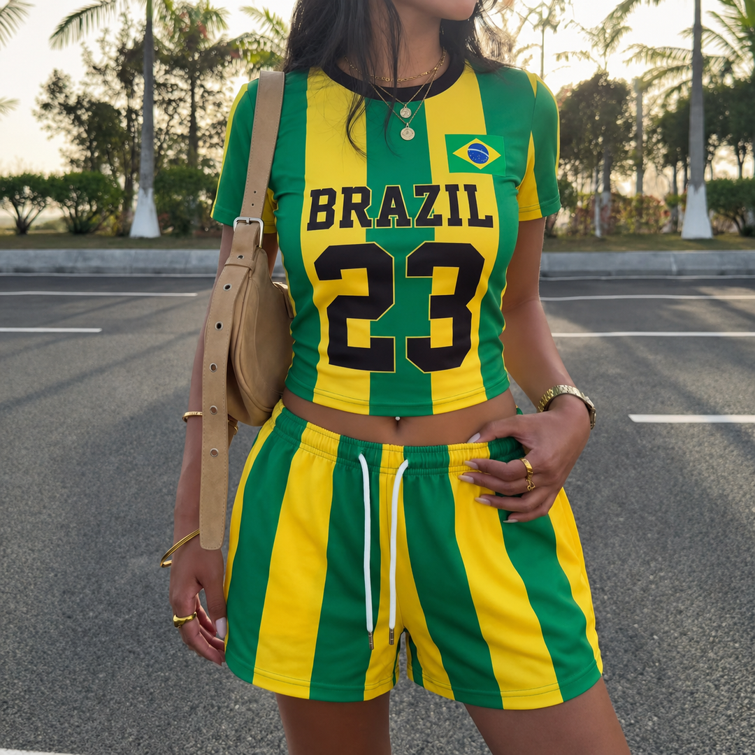 Women's sporty crop top and sweat shorts set with fitted waistband and drawstring Mune Fashion