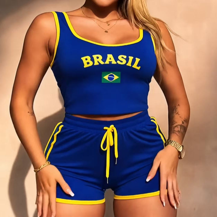Women's sporty crop top and sweat shorts set with fitted waistband and drawstring Mune Fashion