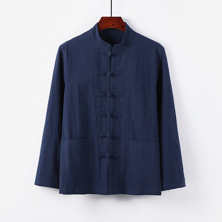 Men's traditional Tang jacket with stand-up collar and knot buttons made of linen blend Mune Fashion