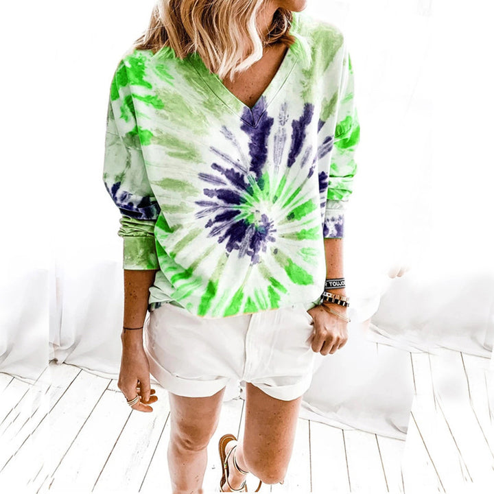 Ladies Casual Tie-Dye V-Neck Sweater with Loose Fit Drune
