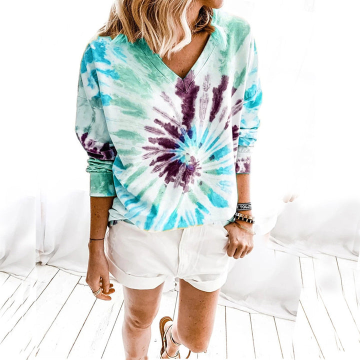 Ladies Casual Tie-Dye V-Neck Sweater with Loose Fit Drune