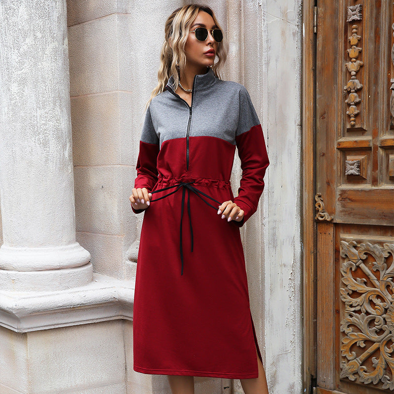 Women's Sporty Midi Dress with Stand Collar, Zipper & Drawstring Waist Mune Fashion