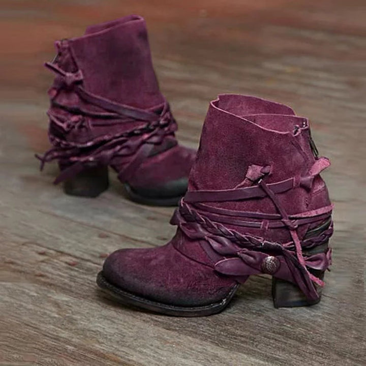 Women's retro suede ankle boots with braided leather straps and short block heel Mune Fashion