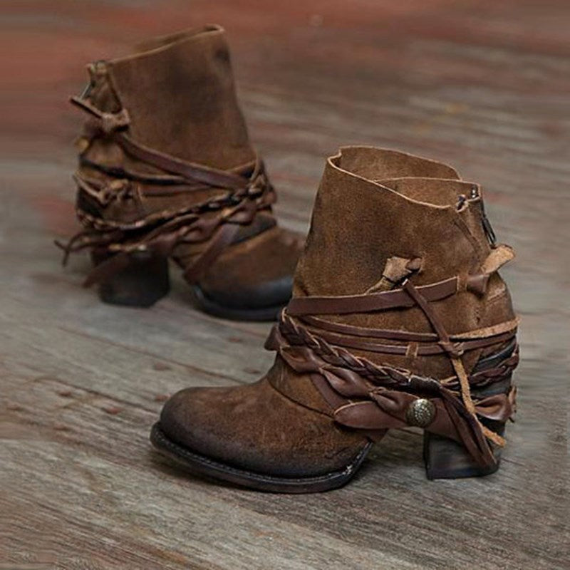 Women's retro suede ankle boots with braided leather straps and short block heel Mune Fashion