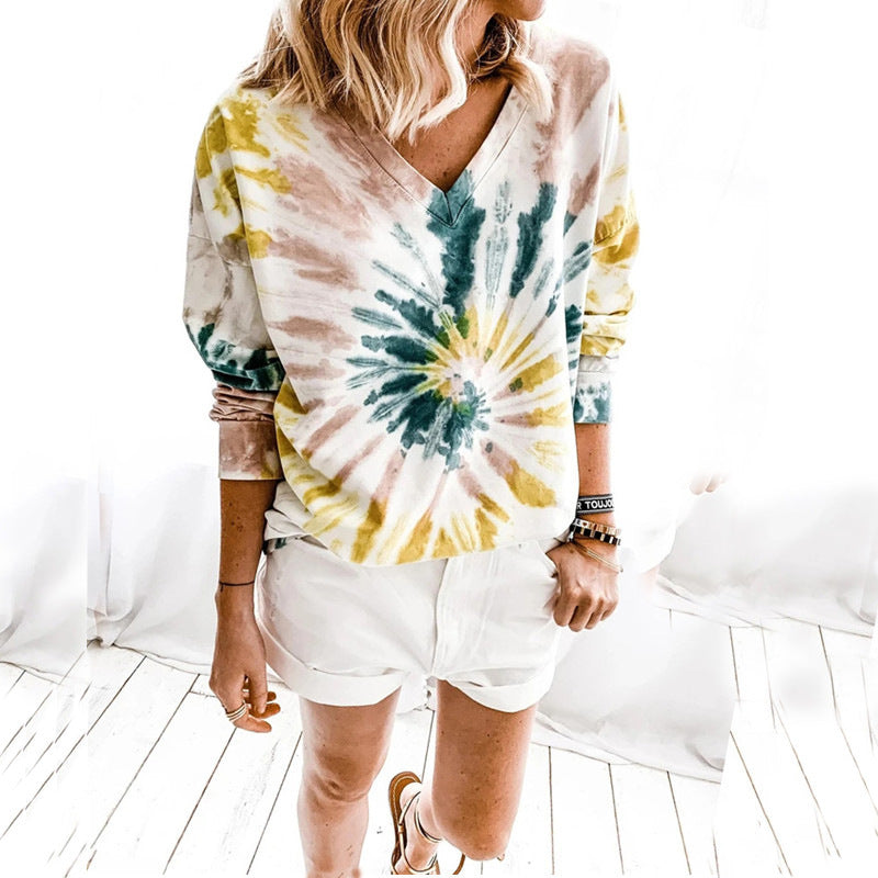 Ladies Casual Tie-Dye V-Neck Sweater with Loose Fit Drune
