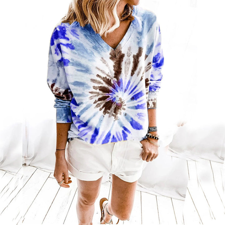 Ladies Casual Tie-Dye V-Neck Sweater with Loose Fit Drune