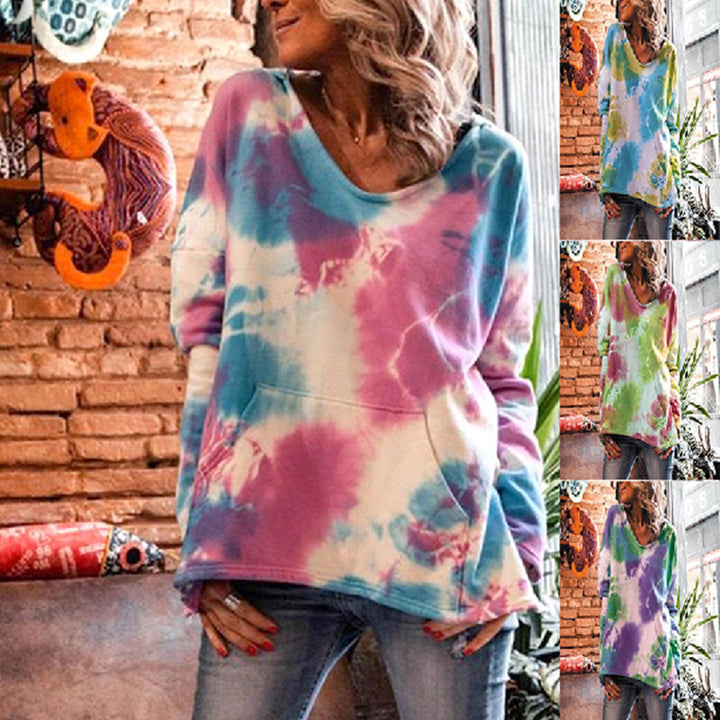 Women Oversize Batik Sweater with V-Neck and Kangaroo Pocket Mune Fashion