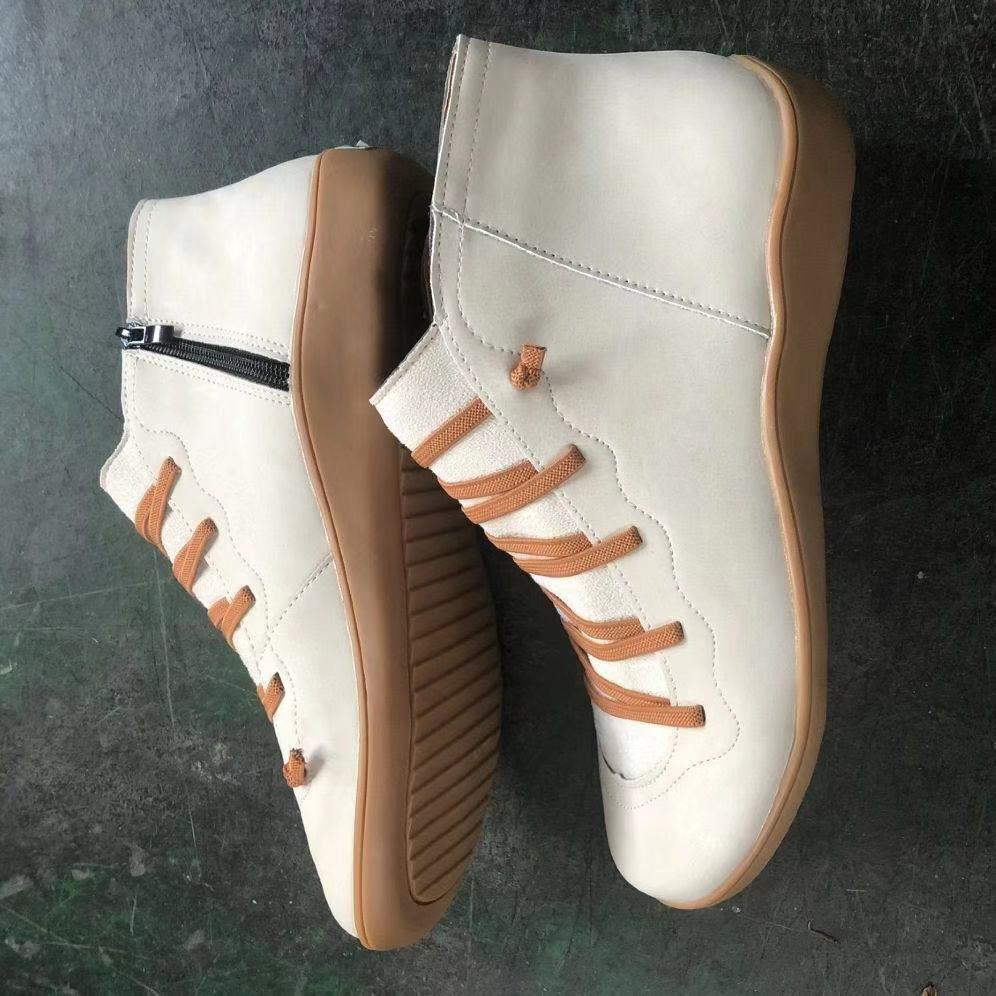 Women's ankle-high soft leather sneaker boots with side zipper, elastic decorative lacing, and ergonomic comfort sole Mune Fashion
